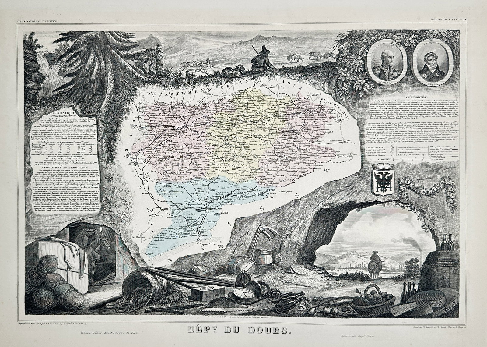 Victor Levasseur – Map of the Department of Doubs (France) – Hand-coloured engraving (c. 1852) (1 of 2)