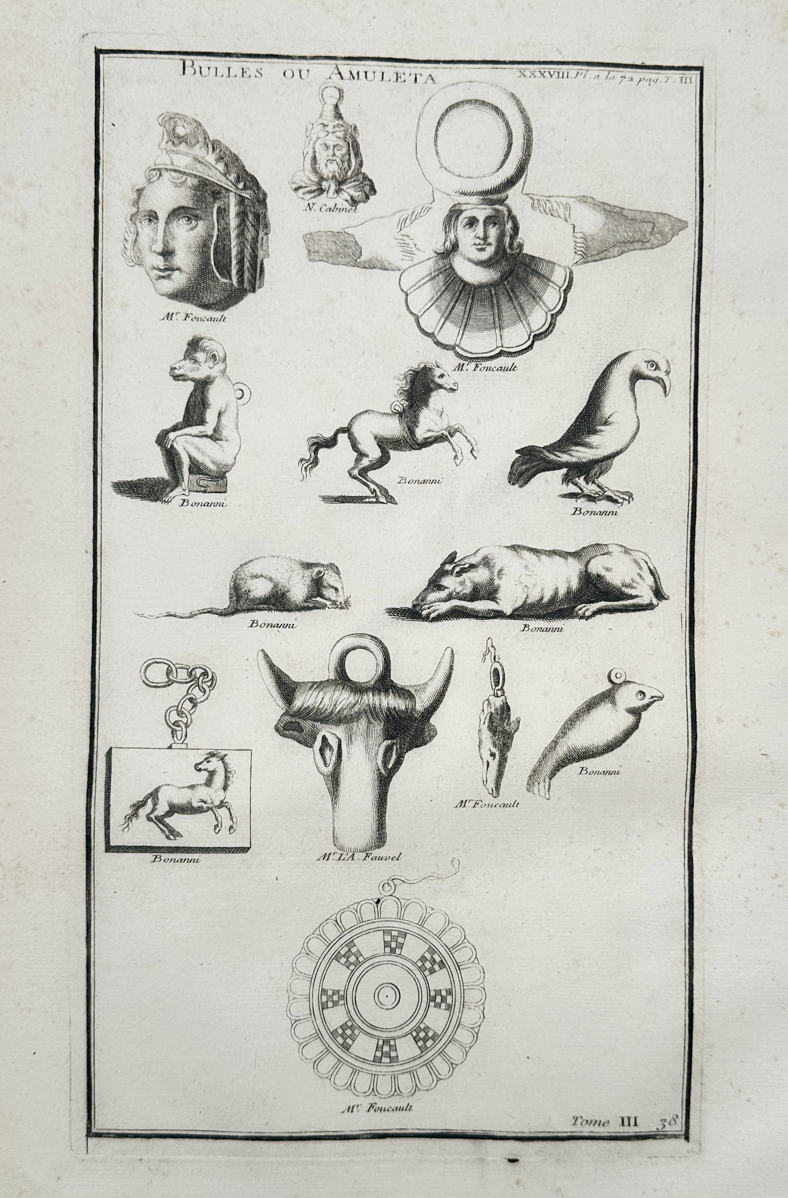 Bernard de Montfaucon (1655–1741) – Study of Ancient Bullae and Amulets – Engraving: "Bulles ou Amuleta." This copperplate engraving illustrates a collection of ancient protective ornaments, including Roman bullae and various Zoomorphic amulets. The plate depicts diverse figures such
