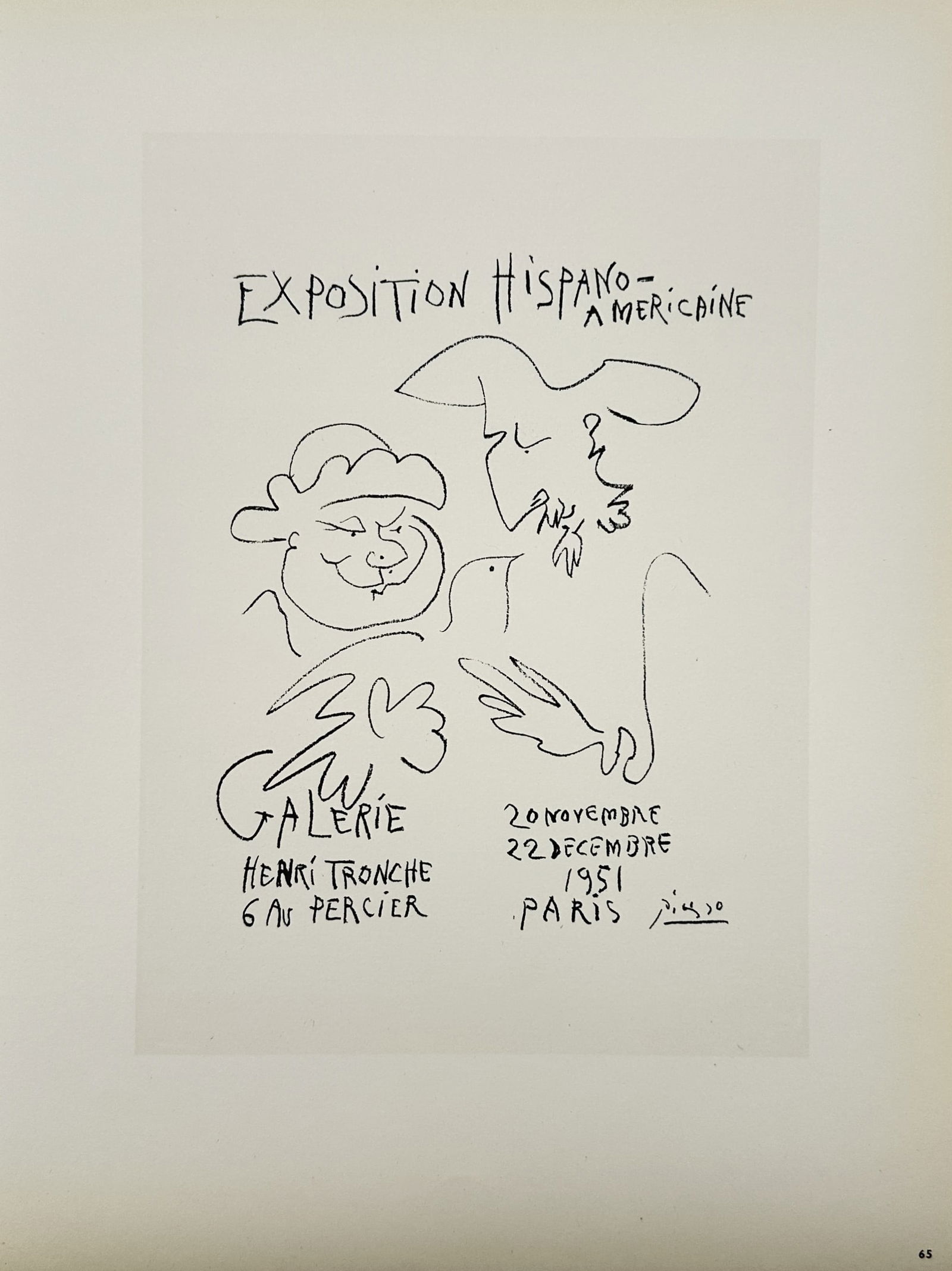 Pablo Picasso (1881–1973), after – Poster for the Hispano-American Exhibition – Lithograph: "Exposition Hispano-Américaine" illustrates a minimalist linear composition featuring stylized figures and a dove, originally designed to promote an exhibition at the Galerie Henri Tronche in Paris.