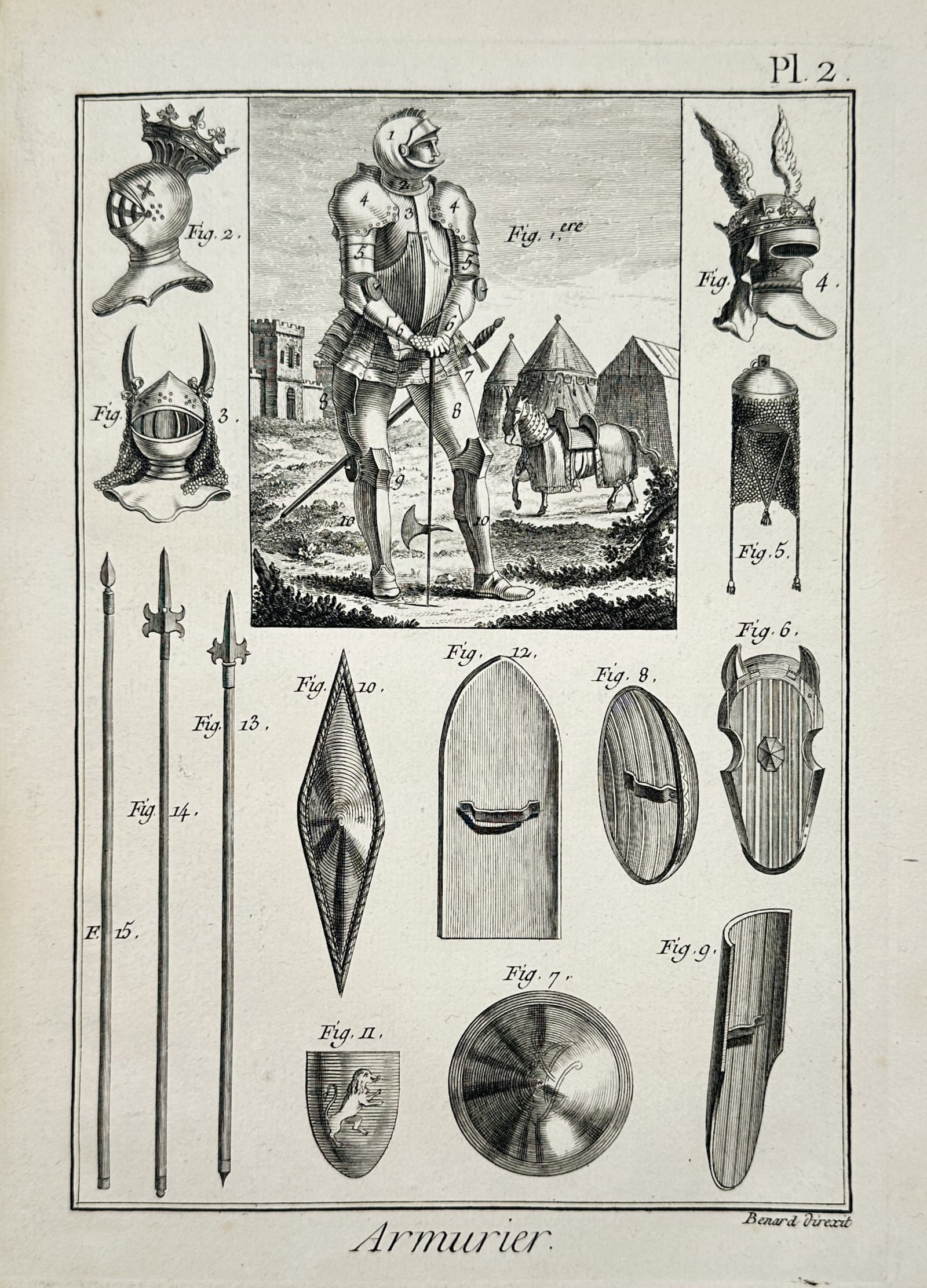Robert Bénard (1734-1777) – View of medieval armor and shields – Engraving (1771) (1 of 2)