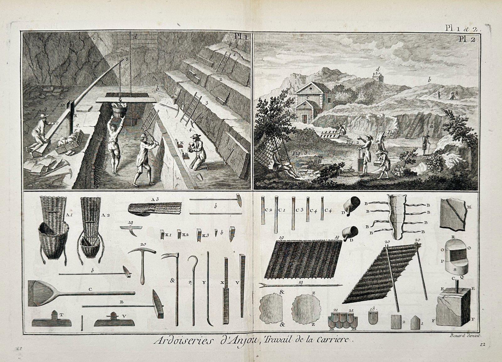 Robert Bénard (1734-1777) – View of slate quarrying in Anjou and tools – Hand-coloured (1 of 2)