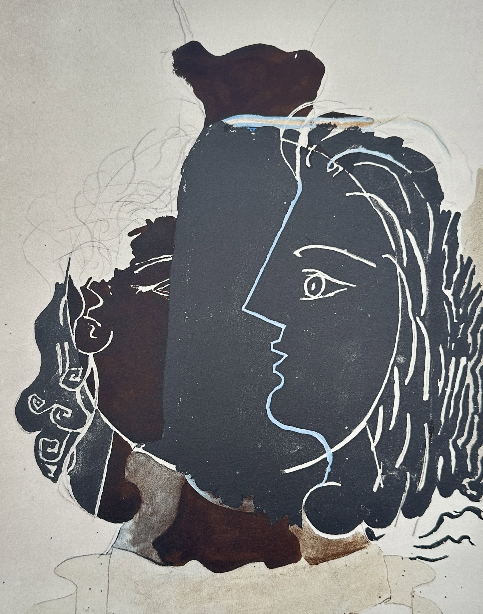 Georges Braque (1882–1963), after – Greek Profile – Offset print (20th Century): "Greek Profile" This offset print features a cubist-inspired composition of overlapping profiles, utilizing a dark, central silhouette juxtaposed against fine line work to create a sense of depth and