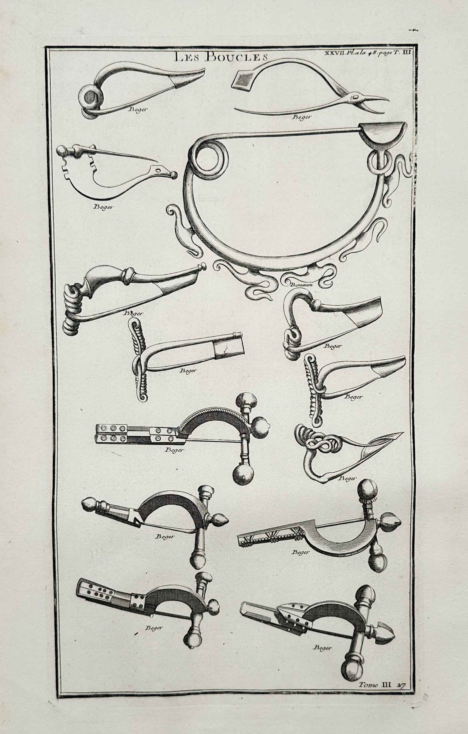 Bernard de Montfaucon (1655–1741) – View of ancient Roman buckles and fasteners – Engraving (1 of 2)