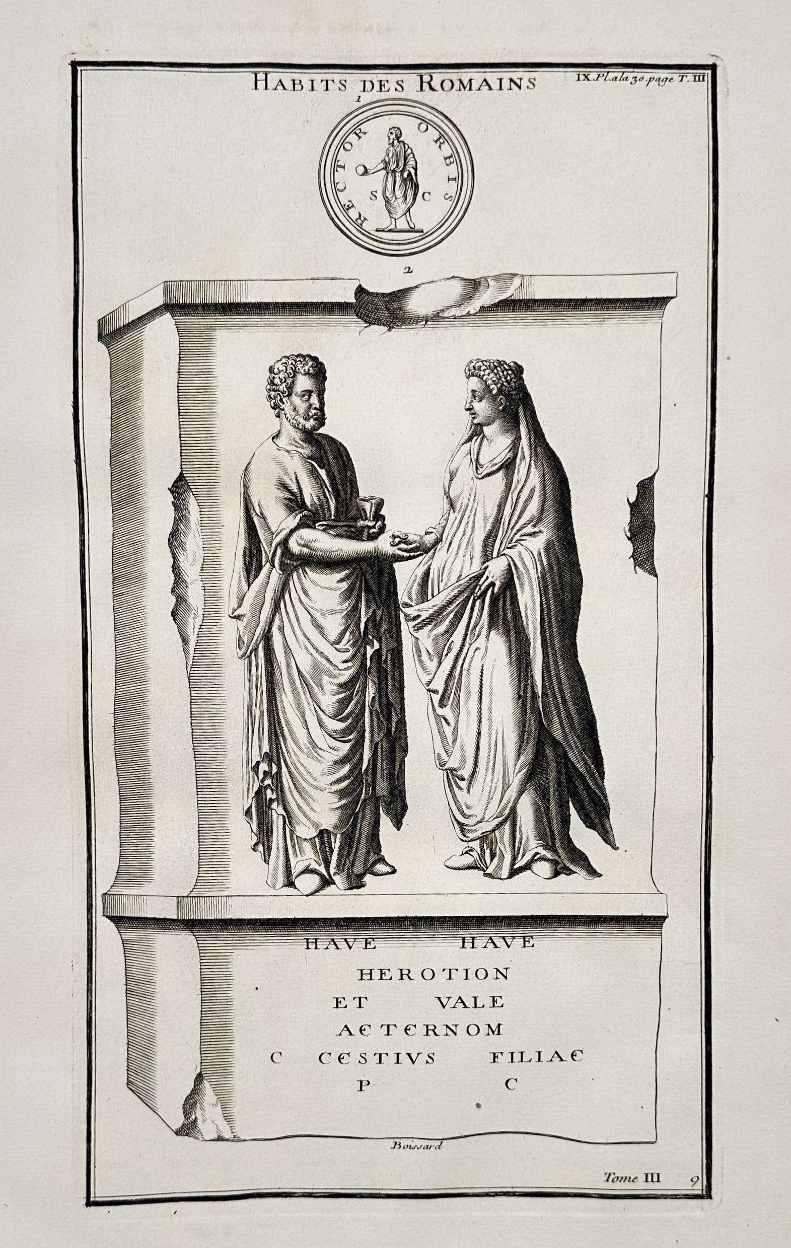 Bernard de Montfaucon (1655–1741) – View of Roman funeral monument and coin – Engraving: "Habits des Romains" This engraving illustrates a Roman funeral monument featuring a man and a woman in traditional draped attire, shown above an inscription for Herotion and C. Cestius. The compositi
