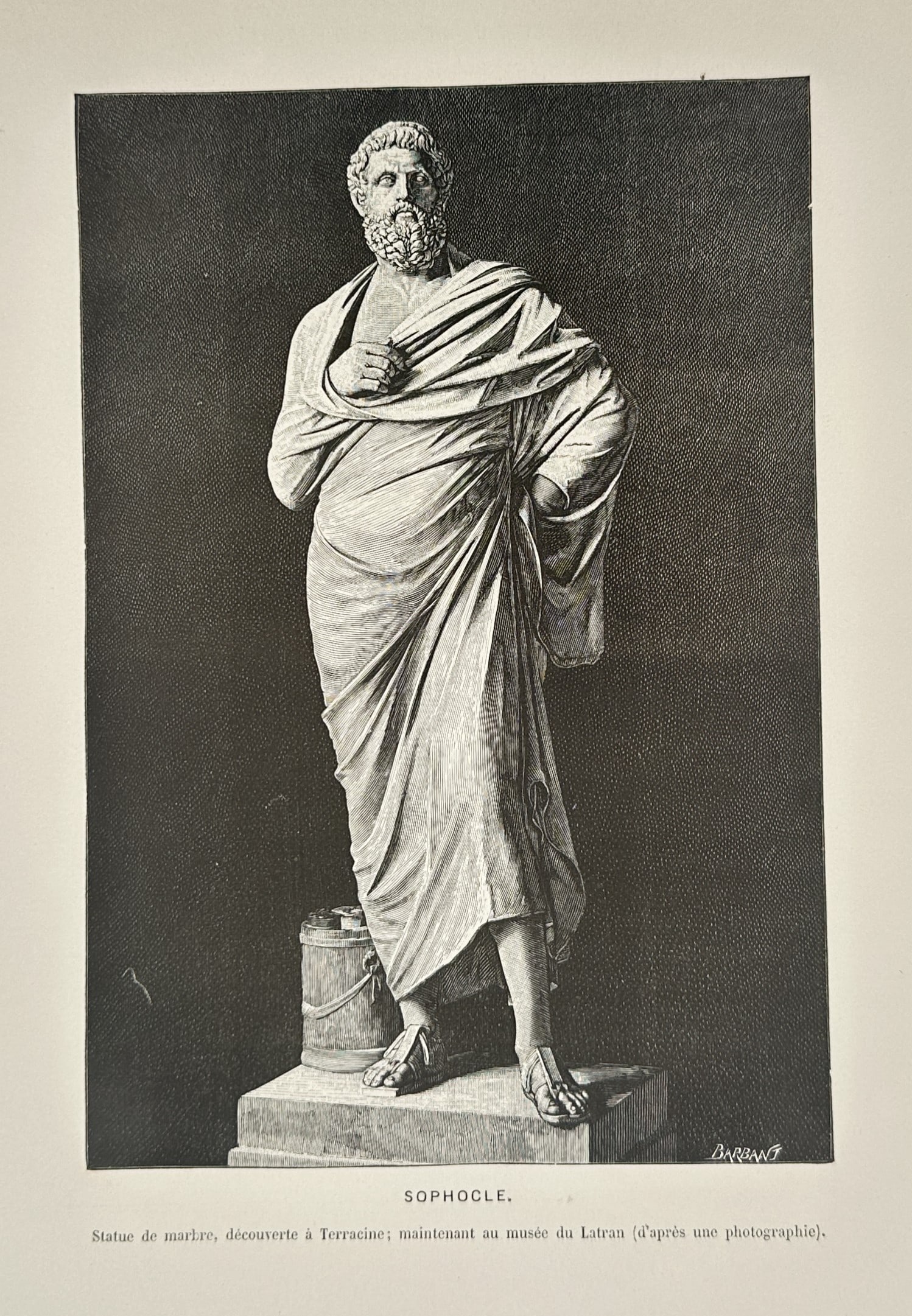 Victor Duruy (1811–1894) – View of the Statue of Sophocles – Wood engraving (c. 1880s): "Sophocle. Statue de marbre, découverte à Terracine; maintenant au musée du Latran (d'après une photographie)" This wood engraving illustrates the famous marble statue of the Greek tragedian Sopho