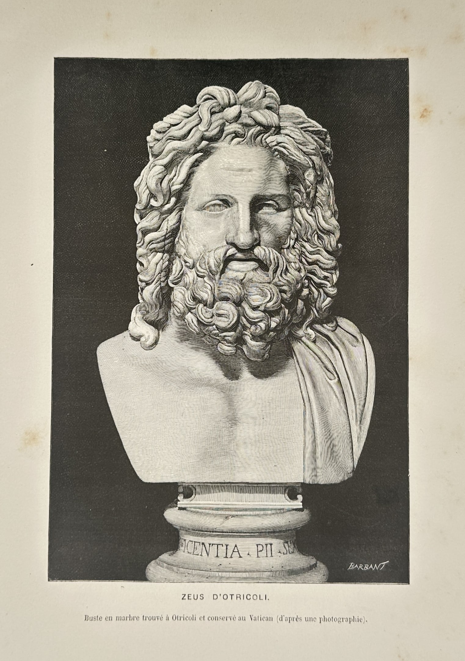 Victor Duruy (1811–1894) – View of the Zeus of Otricoli – Wood engraving (c. 1880s): "Zeus d'Otricoli. Buste en marbre trouvé à Otricoli et conservé au Vatican (d'après une photographie)" This wood engraving illustrates the famous colossal marble head of Zeus, discovered at Otrico