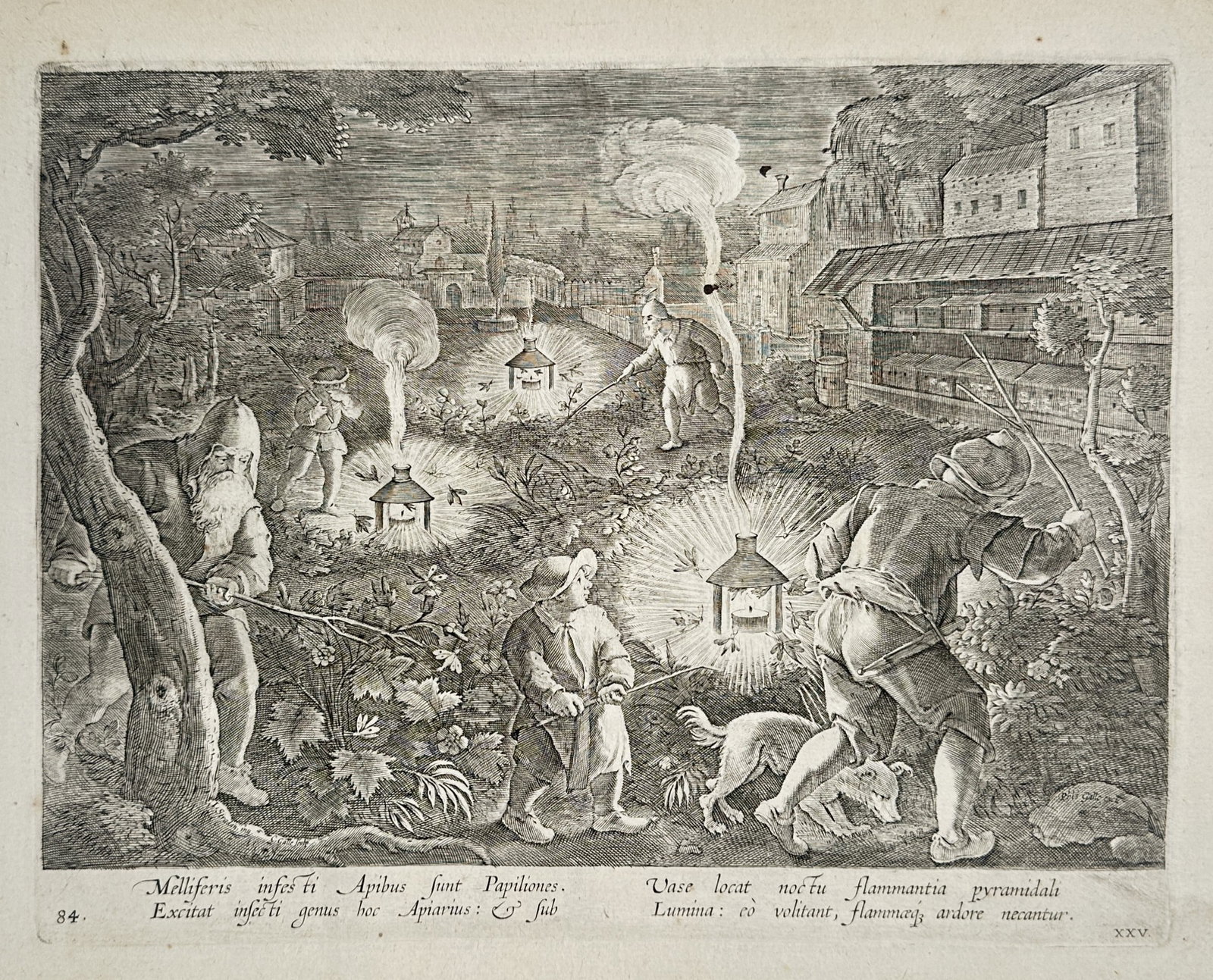 Johannes Stradanus (1523–1605) – View of Moth Hunting in an Apiary at Night – Engraving (1 of 2)