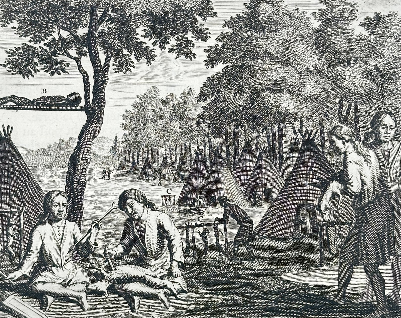 Cornelis de Bruijn (1652–1727) – View of a Buriat Village near Lake Baikal – Engraving (1718): "Arrivee a Buratzkoi, & a Bulaganskoi. Description des Burates" This engraving illustrates a settlement of the Buriat people in Siberia, featuring traditional conical dwellings and figures engaged in