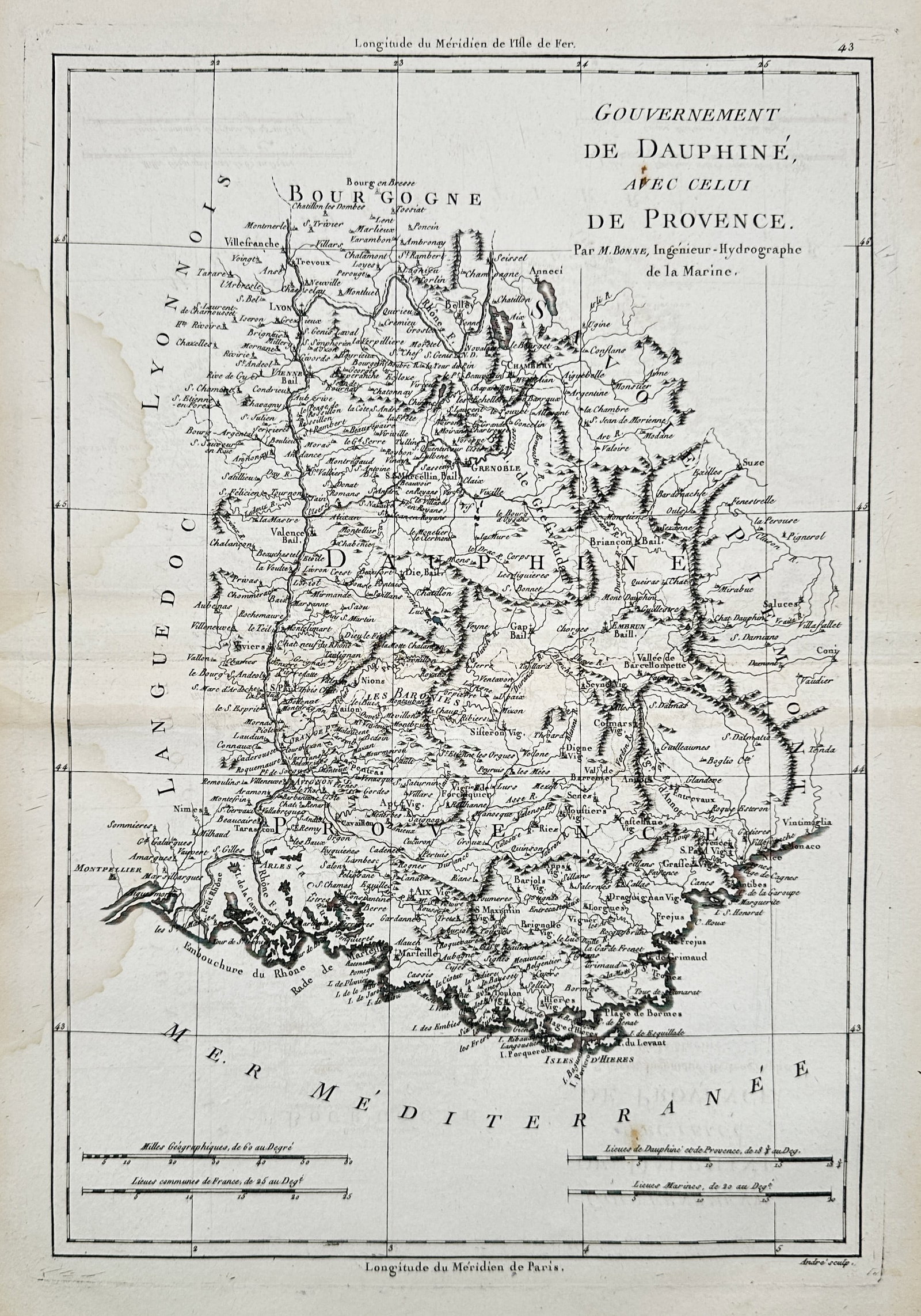 Rigobert Bonne (1727–1795) – Map of Dauphiné and Provence – France – Engraving (1780): "Gouvernement de Dauphiné, avec celui de Provence." This engraving is a detailed topographical map of the French regions of Dauphiné and Provence, showing cities, mountains, and the coastline along