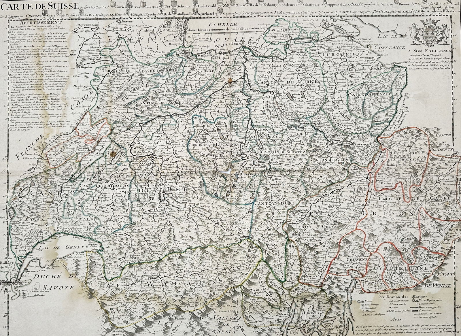Guillaume de l'Isle (1675–1726) – Map of Switzerland – Hand-coloured engraving (c. (1 of 3)