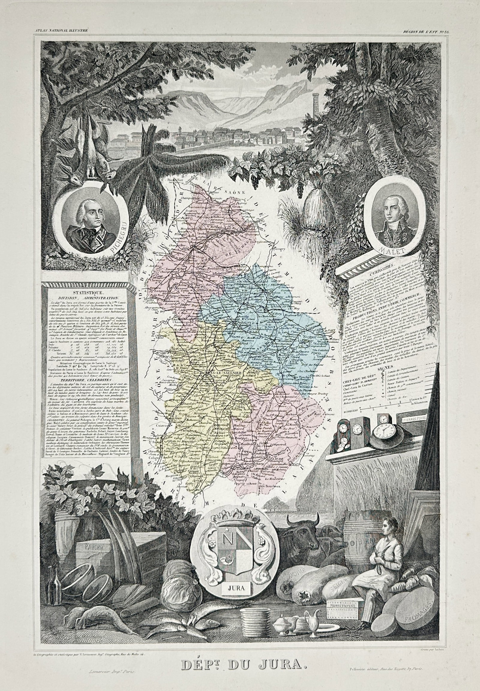 Victor Levasseur (1800–1870) – Map of the Department of Jura (France) – Hand-coloured (1 of 2)