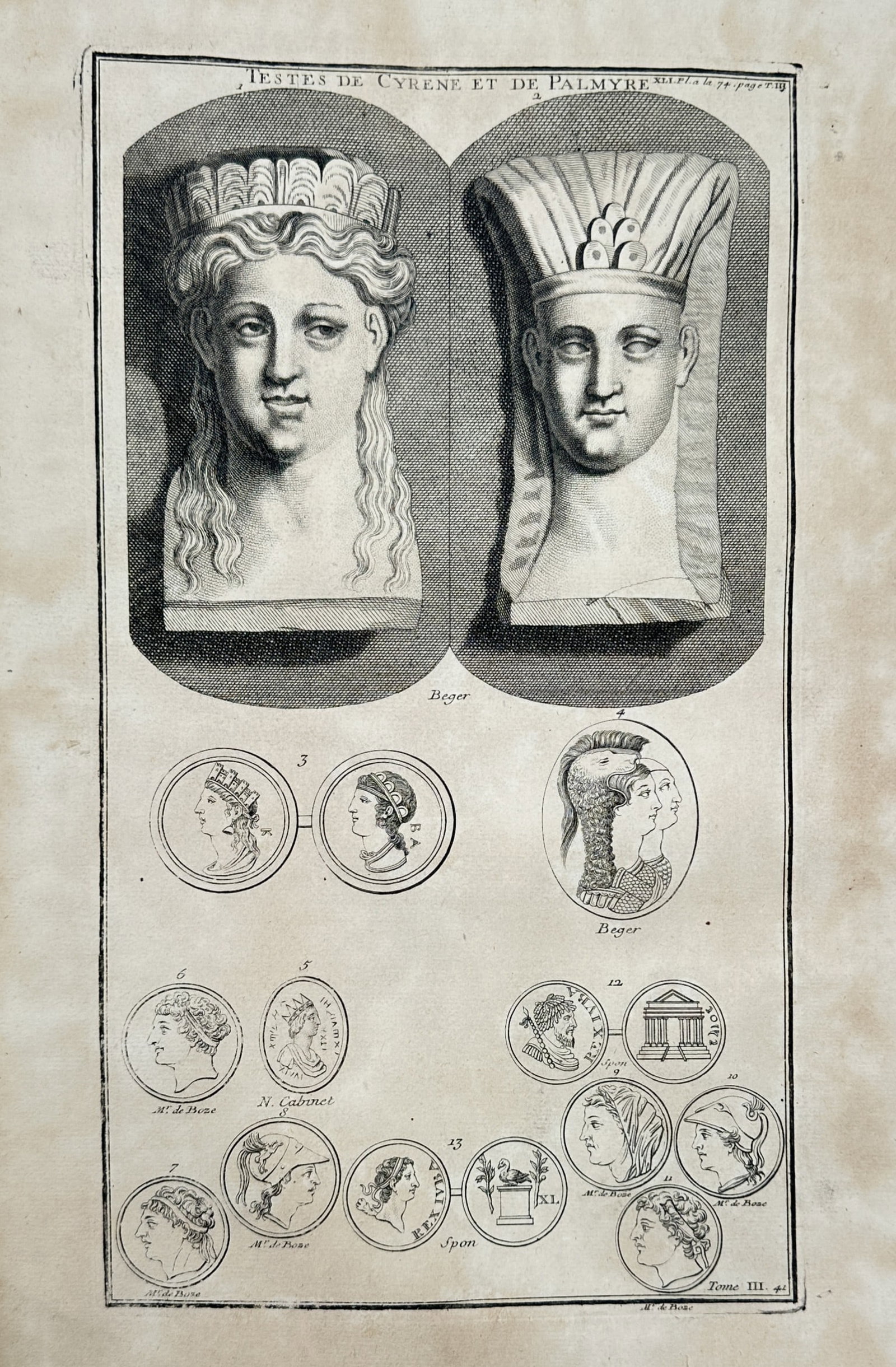 Bernard de Montfaucon (1655–1741) – Heads of Cyrene and Palmyra – Engraving (1719–1724): "Testes de Cyrene et de Palmyre." This copperplate engraving provides a detailed archaeological study of classical sculpture and numismatics from the ancient Near East and North Africa. The upper sect
