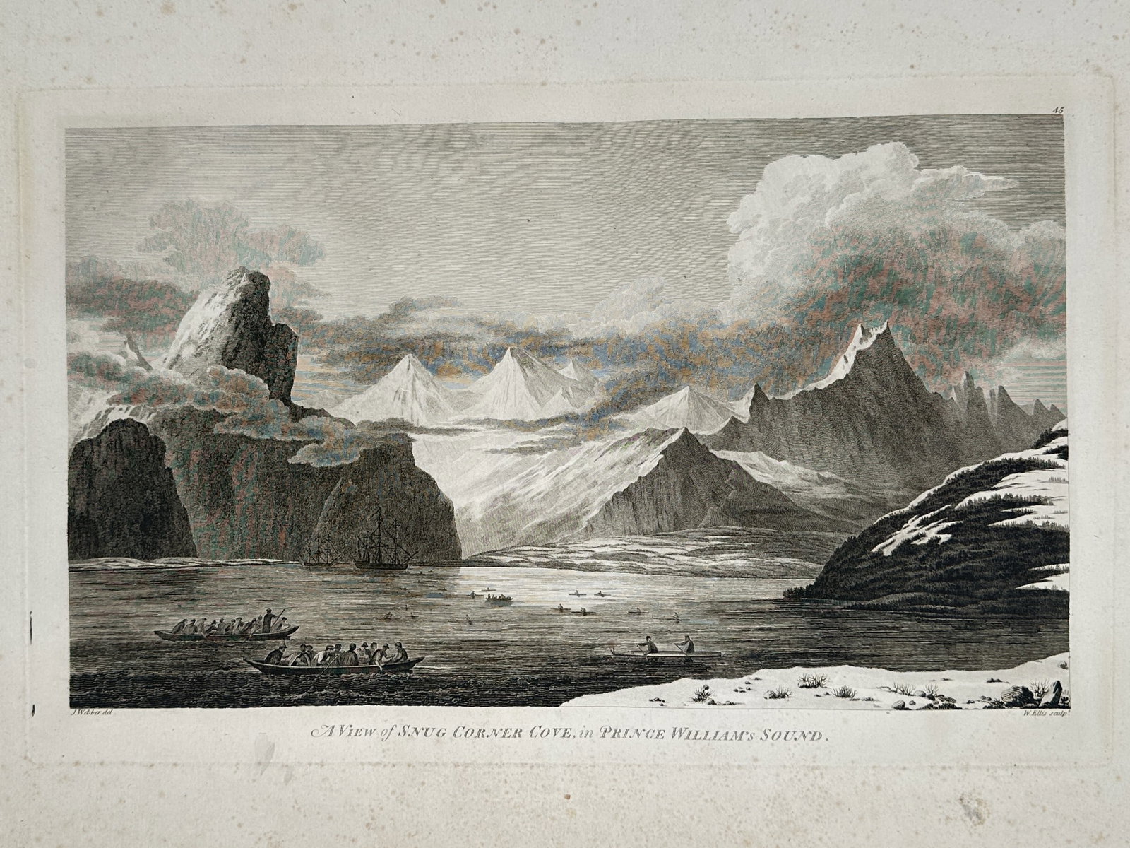 John Webber – View of Snug Corner Cove – Prince William Sound, Alaska – Large Folio Engraving: "A View of Snug Corner Cove, in Prince William's Sound" illustrates the rugged mountainous landscape of the Alaskan coast with Indigenous Alutiiq people in skin-covered boats in the foreground. This e
