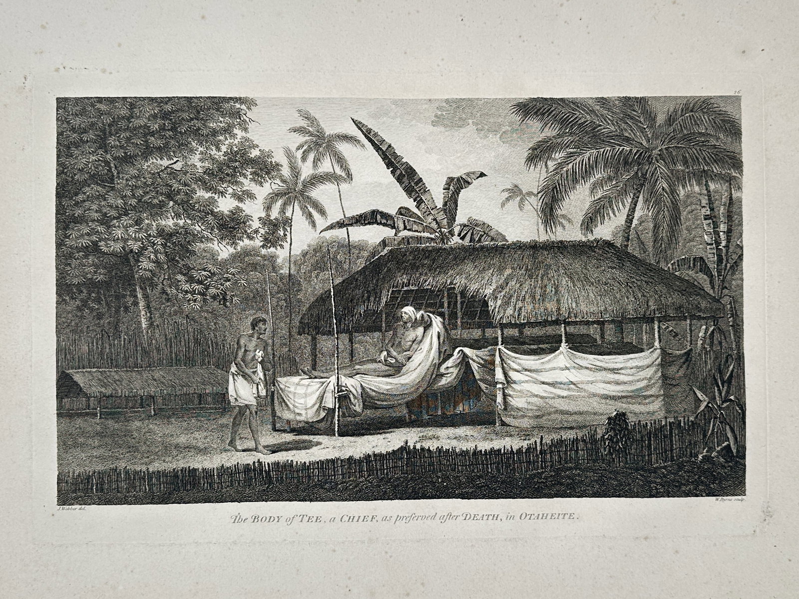 John Webber – Tahitian Funeral Ceremony – Tahiti – Large Folio Engraving (1784): "The Body of Tee, a Chief, as preserved after Death, in Otaheite" depicts the traditional funerary practice of exposure on a raised platform beneath a thatched canopy. This engraving was published in 