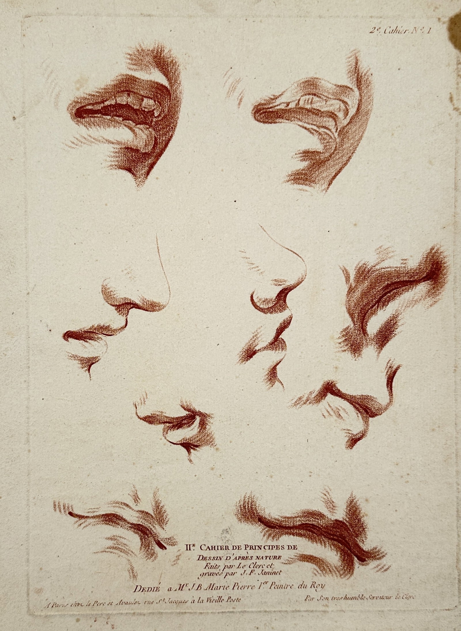 Jean-François Janinet – View of the Principles of Drawing After Nature – Crayon-manner: "IIe Cahier de Principes de Dessein d'Après Nature" presents a series of anatomical studies focusing on the human mouth and nose, rendered from various angles and in different states of repose and ex