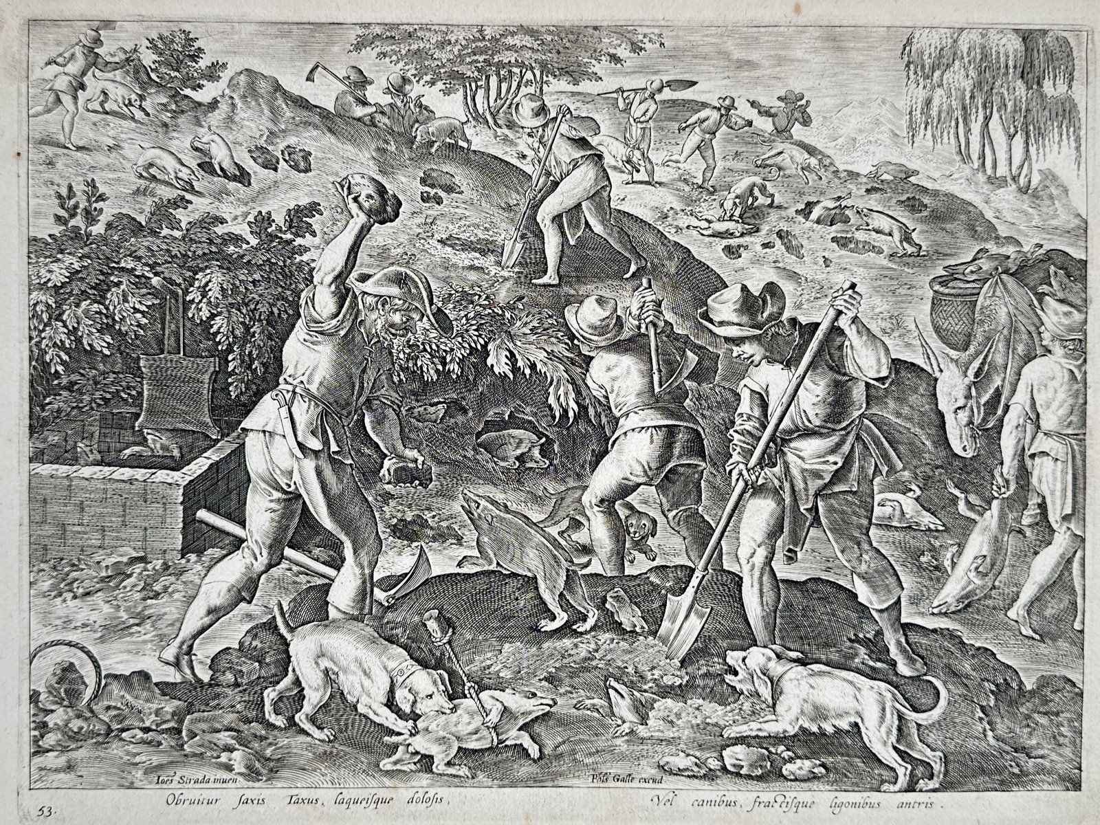 Jan van der Straet (1523–1605), after – Badger Hunting with Shovels and Dogs – Engraving (1 of 3)