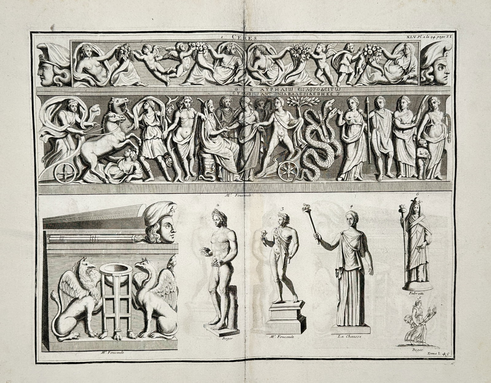 Bernard de Montfaucon (1655–1741) – Ceres and Archaeological Reliefs – Engraving (1 of 2)