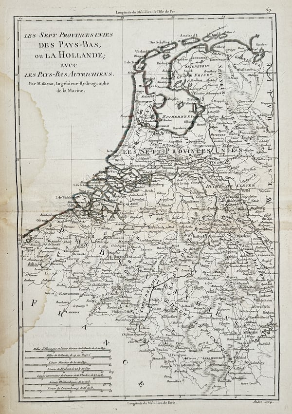 Rigobert Bonne (1727–1794) – Map of the Seven United Provinces of the Netherlands: "Les Sept Provinces Unies des Pays-Bas, ou La Hollande; avec les Pays-Bas Autrichiens". This geographical map delineates the Dutch Republic and the Austrian Netherlands during the late eighteenth cent