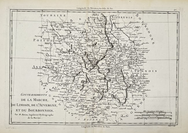 Rigobert Bonne (1727–1794) – Map of South-Central provinces of France – Engraving (1780): "Gouvernements de la Marche, du Limosin, de l'Auvergne, et du Bourbonnois." This engraving presents a detailed topographical survey of the south-central provinces of France, focusing on the mountainou