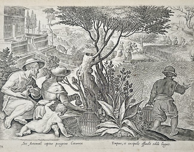 Johannes Stradanus (1523-1605) – Catching Quails in Autumn – Engraving (1578) (1 of 2)