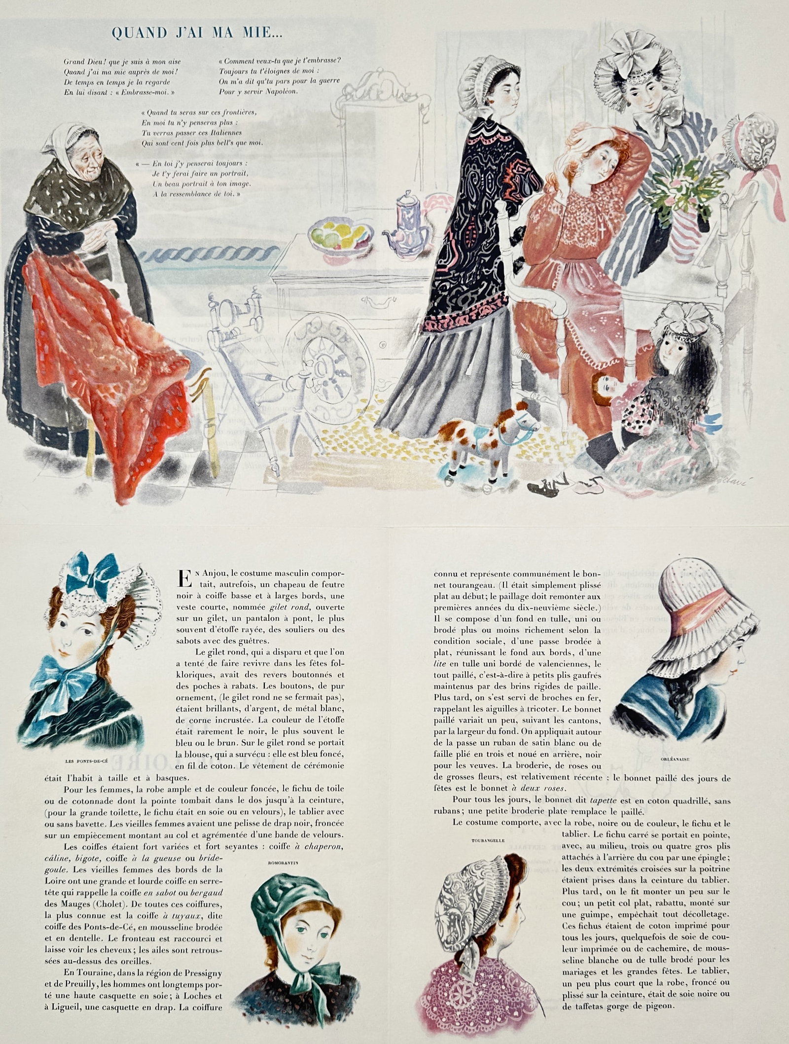 Jeanine de Waleyne (Active mid-20th Century) – View of Traditional Regional Costumes from Anjou (1 of 3)