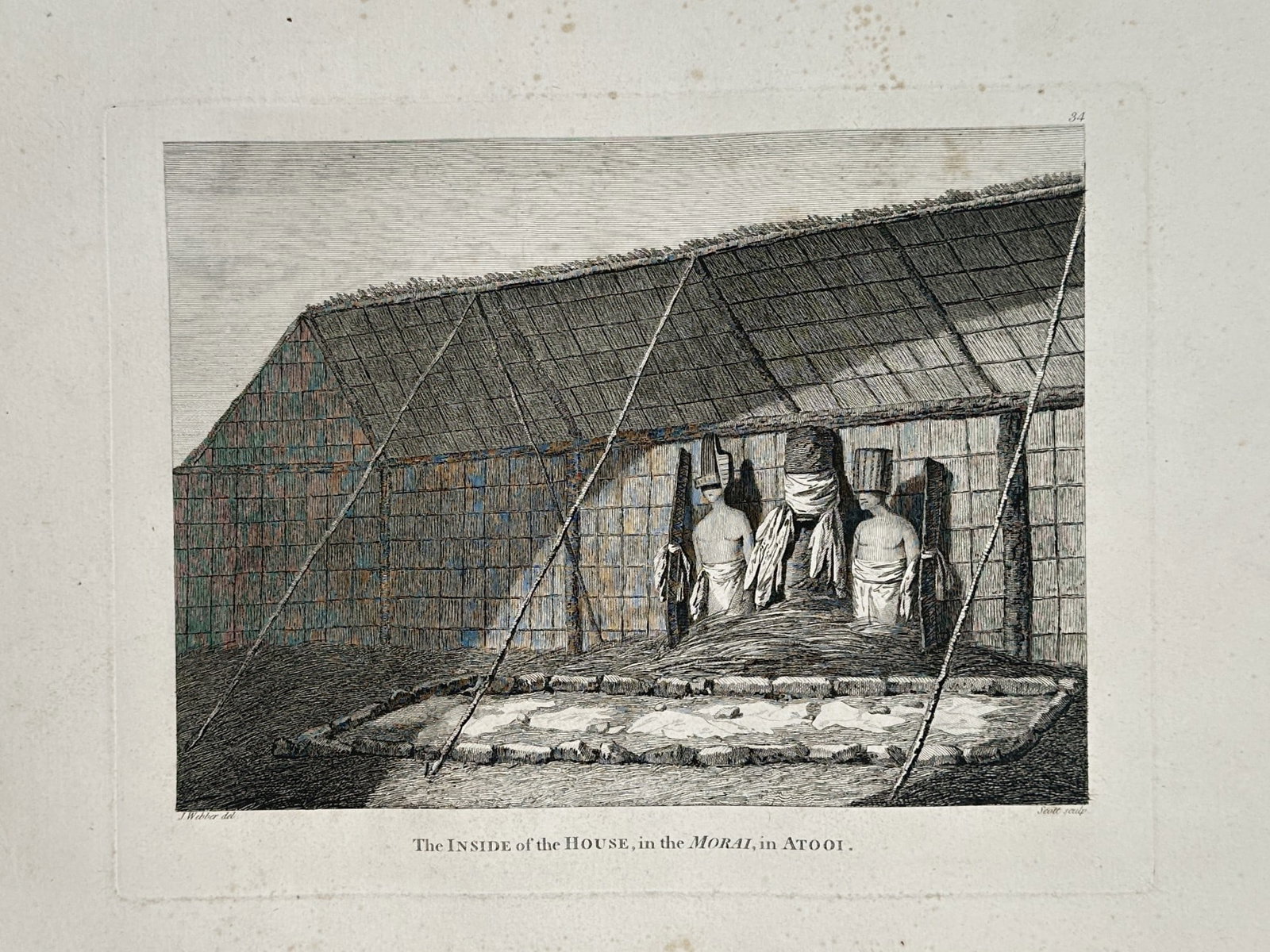 John Webber – Interior of a Heiau – Kauai, Hawaii – Large Folio Engraving (1784): "The INSIDE of the HOUSE, in the MORAI, in ATOOI" provides a rare interior sacred Hawaiian structure (heiau), showing carved wooden images or deities draped in cloth. This engraving was published in t