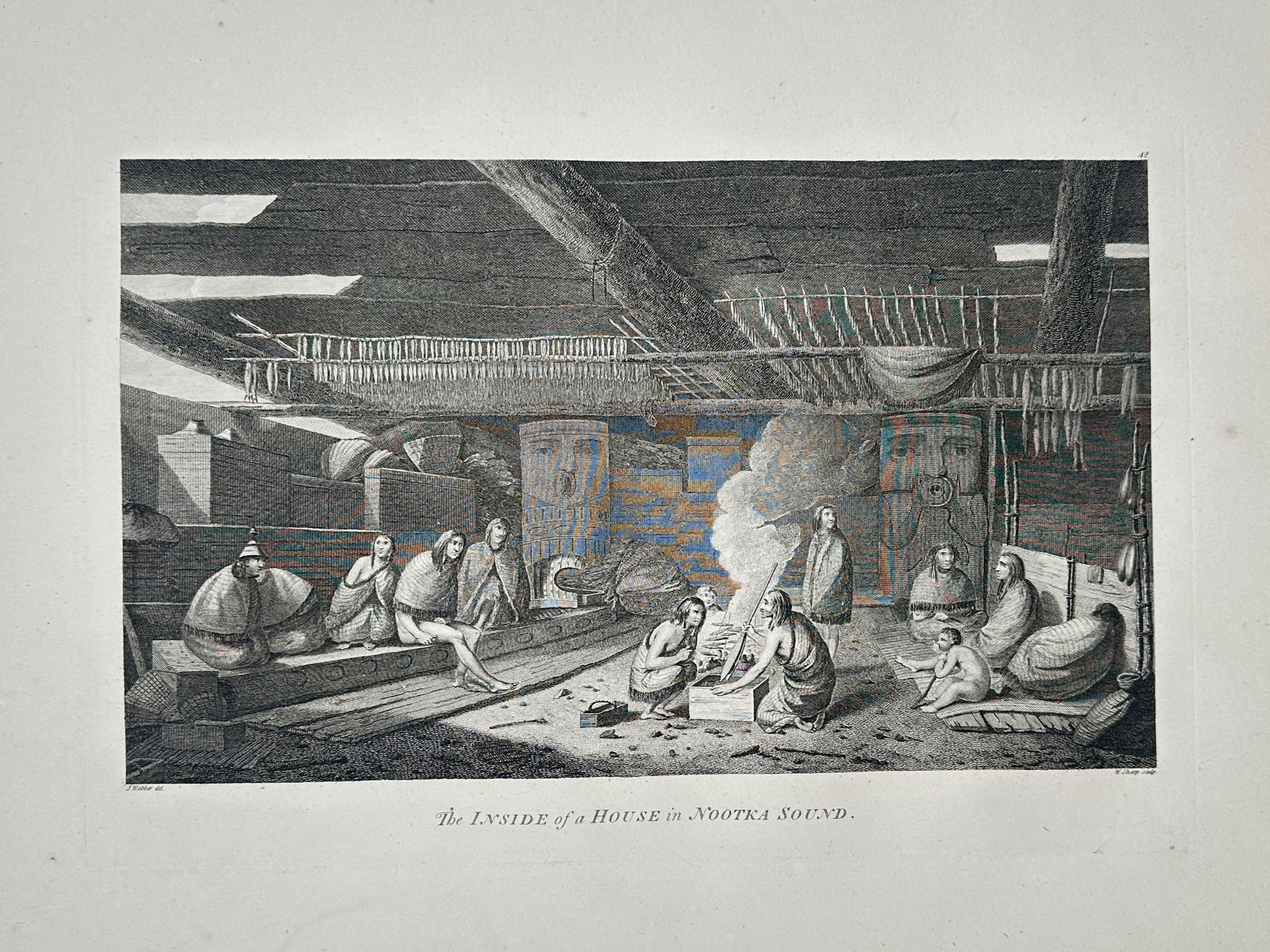John Webber – Nuu-chah-nulth Longhouse – Nootka Sound – Large Folio Engraving (1784): "The INSIDE of a HOUSE in NOOTKA SOUND" illustrates the communal living space of an Indigenous family, featuring large carved structural posts, drying fish, and residents gathered around a central fir