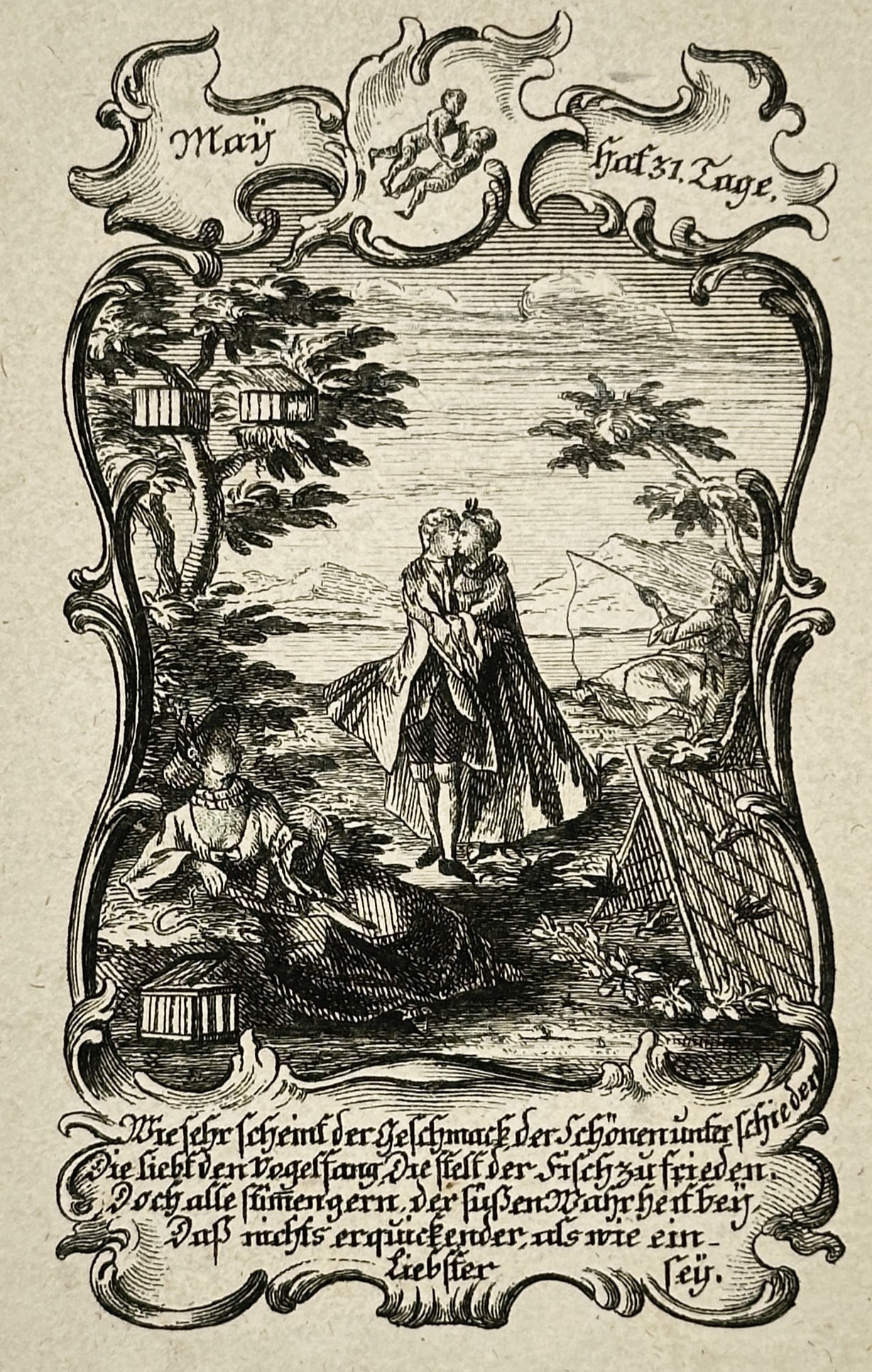 Unknown Artist – Allegory of the Month of May – Etching and engraving (c. 1750–1780): "May hat 31. Tage" portrays a charming pastoral scene serving as an illustrated calendar page for a German pocket almanac. The composition is framed within an ornate Rococo border, topped with a carto