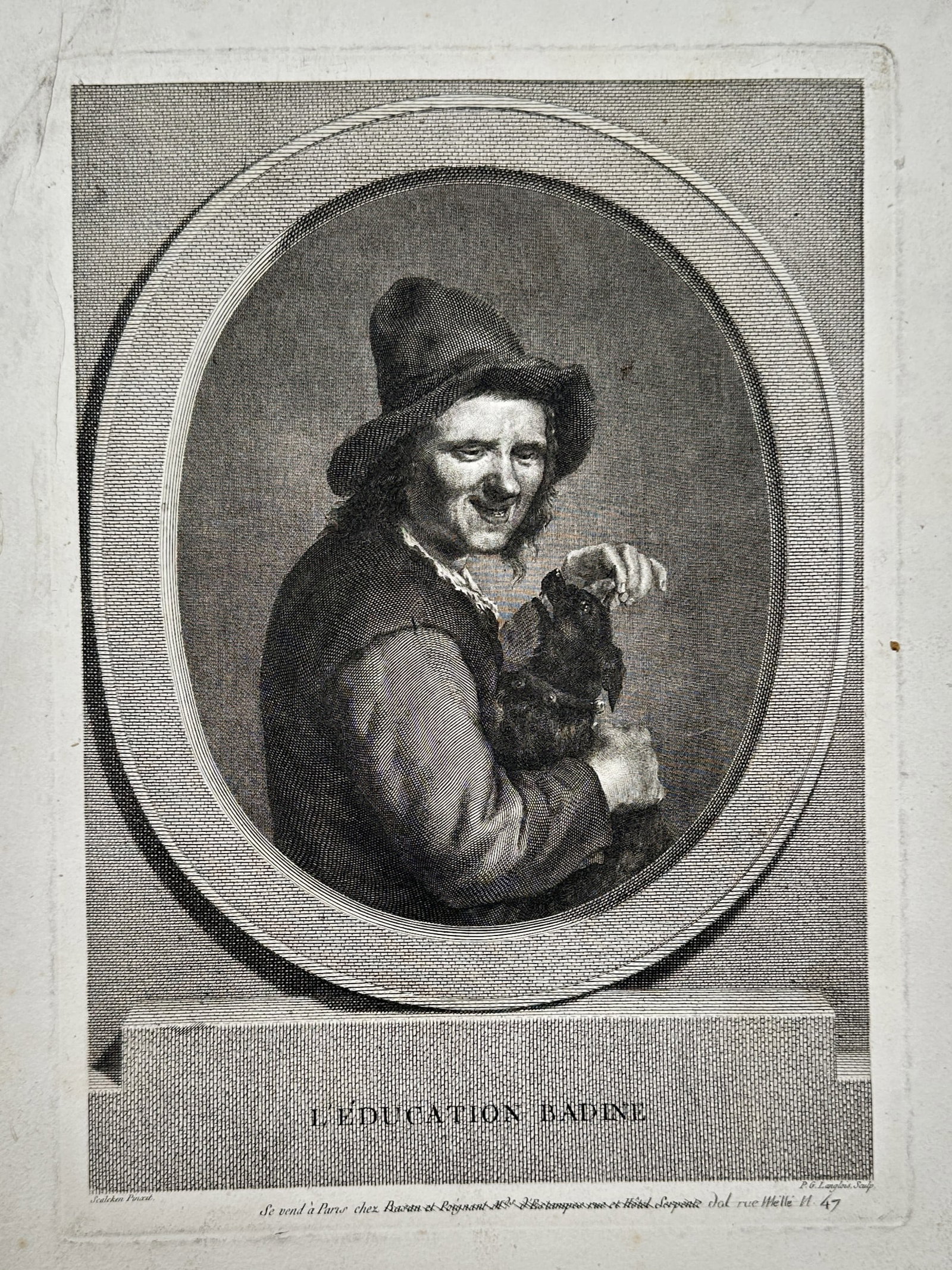 Pierre Gabriel Langlois (1754–1810) – View of the Playful Education – Engraving (1780): "L'Education Badine" portrays a young boy in rustic clothing and a floppy hat cradling a small animal, possibly a cat or dog, while looking toward the viewer with a mischievous grin. This engraving wa