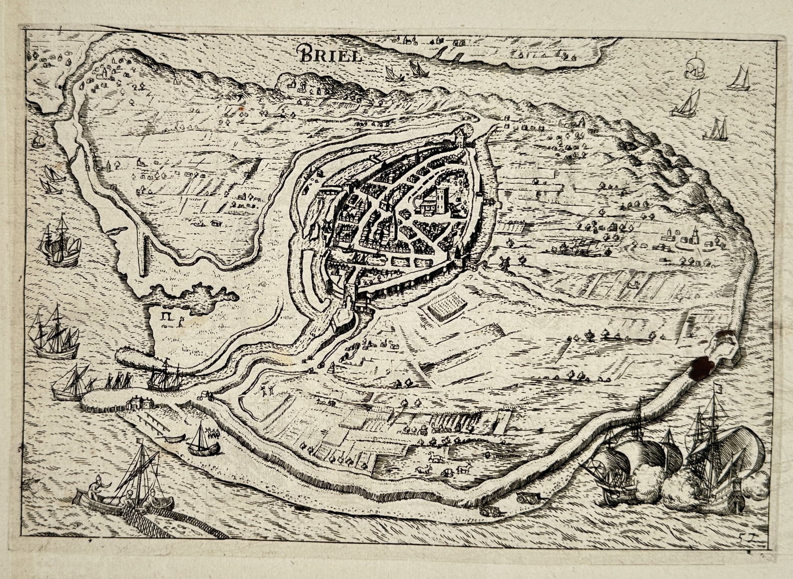 Lodovico Guicciardini (1521–1589) – View of the City of Brielle – Netherlands – Engraving: "Briel" This work provides a bird's-eye topographical view of the fortified city of Brielle, illustrating its strategic position within the maritime landscape of the Maas estuary and its complex syste