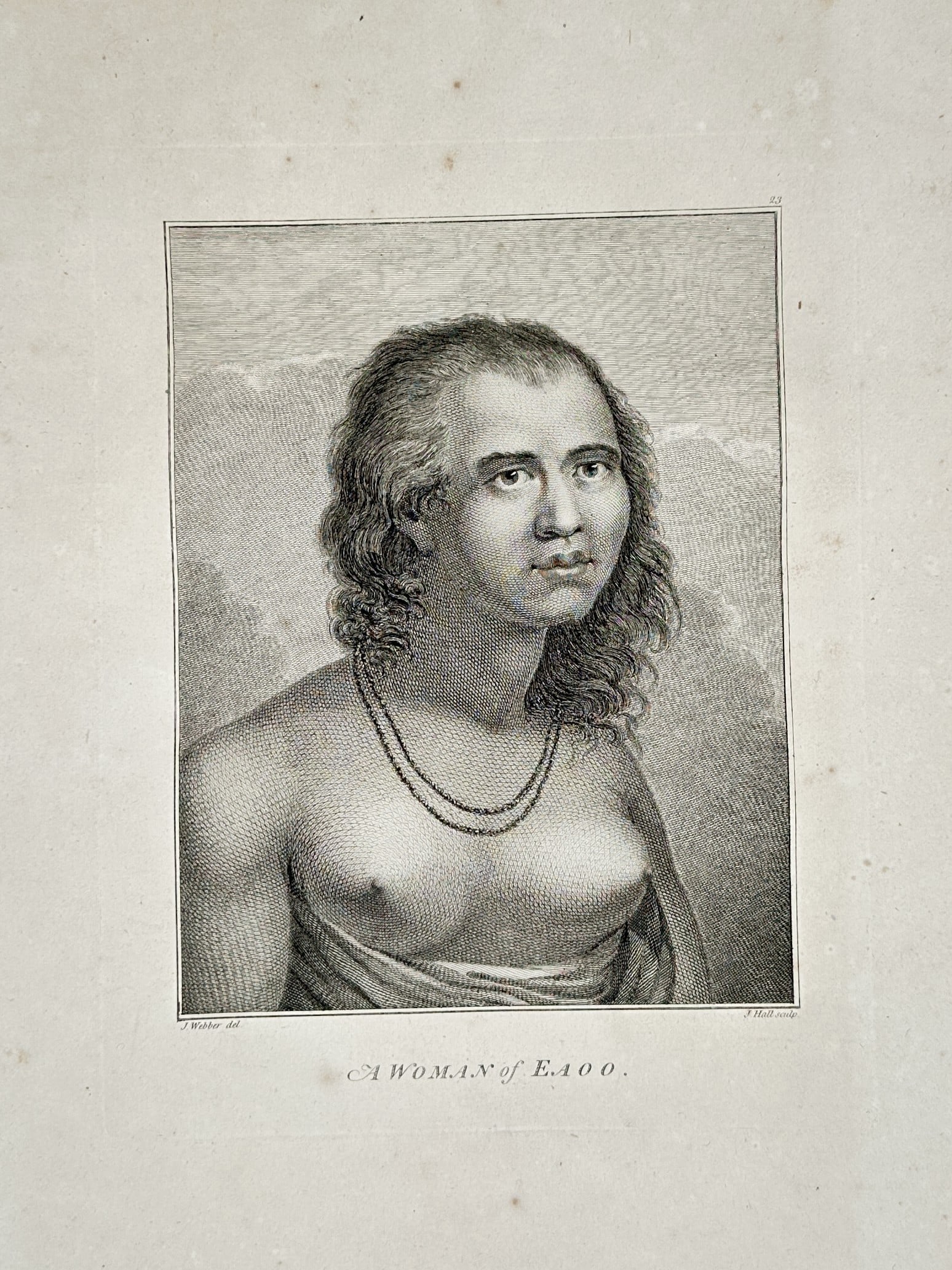 John Webber (1751–1793) – Portrait of a Woman from Eua – Tonga – Large Folio Engraving: "A Woman of Eaoo" illustrates a portrait of a Tongan woman from the island of 'Eua, rendered with fine neoclassical detail. The subject is depicted with traditional long, wavy hair, wearing a double-s