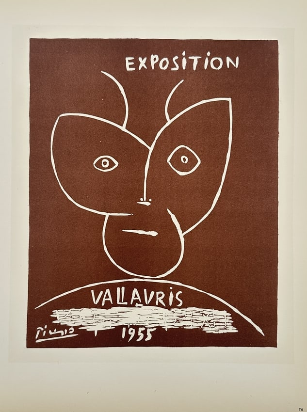 Pablo Picasso (1881–1973), after – Poster for the Vallauris Exhibition – Lithograph (1959): "Exposition Vallauris 1955" This work provides a visual study of a stylized face, featuring a white outline of a horned or faun-like head against a rich terracotta background. The lithograph was publi