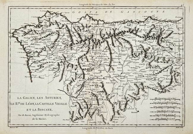 Rigobert Bonne (1727–1794) – Map of Northern provinces of Spain – Engraving (1780): "La Galice, Les Asturies, Le Royaume de Léon, La Castille Vieille et La Biscaye." This engraving provides a detailed geographical survey of the northern provinces of Spain, illustrating the rugged to
