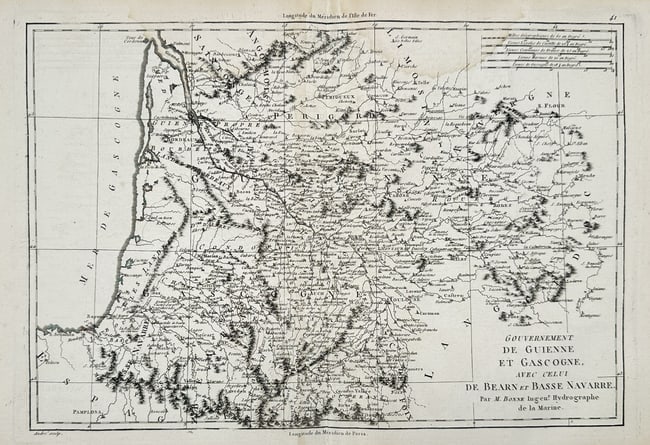 Rigobert Bonne (1727–1794) – Map of Guyenne and Gascony – France – Engraving (1780): "Gouvernement de Guienne et Gascogne avec celui de Bearn et Basse Navarre." This engraving provides a detailed topographical survey of southwestern France, focusing on the historical provinces of Guye