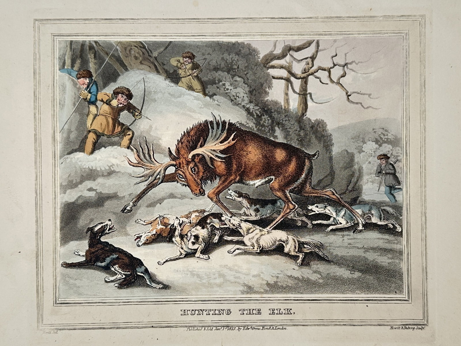 Edward Orme (1775–1848) – View of Hunting the Elk – Hand-coloured etching (1807): "Hunting the Elk" illustrates a dramatic winter hunting scene where a large elk is cornered by a pack of hounds in a snowy forest. Several hunters dressed in winter attire approach from the rocky back