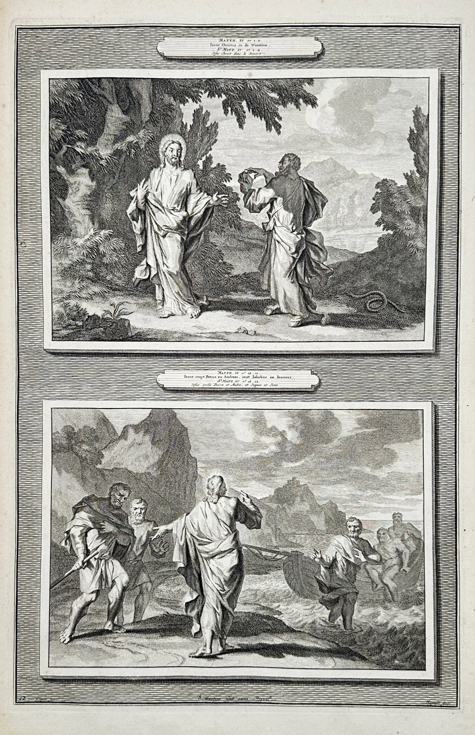 Otto Elliger (1674-1735) – Biblical scenes from the life of Christ – Etching (1720): "Matth. IV v. 1" and "Matth. IV v. 18" are two etched illustrations presented on a single sheet, depicting the Temptation of Christ and the Calling of the First Disciples. This work is part of the ext