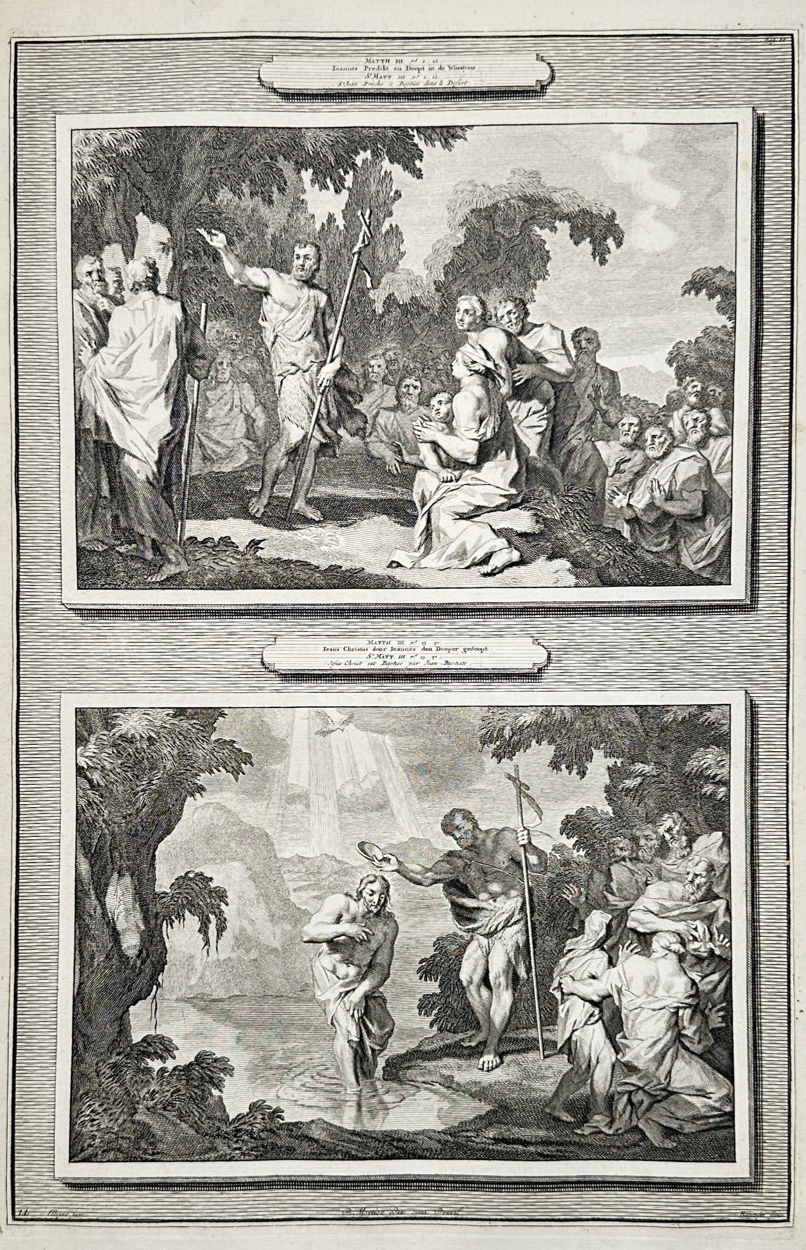 Otto Elliger (1674-1735) – Biblical scenes of John the Baptist – Etching (1720): "Matth. III v. 1" and "Matth. III v. 13" are two etched illustrations on a single sheet, depicting John the Baptist preaching in the wilderness and the Baptism of Christ in the Jordan River. This work