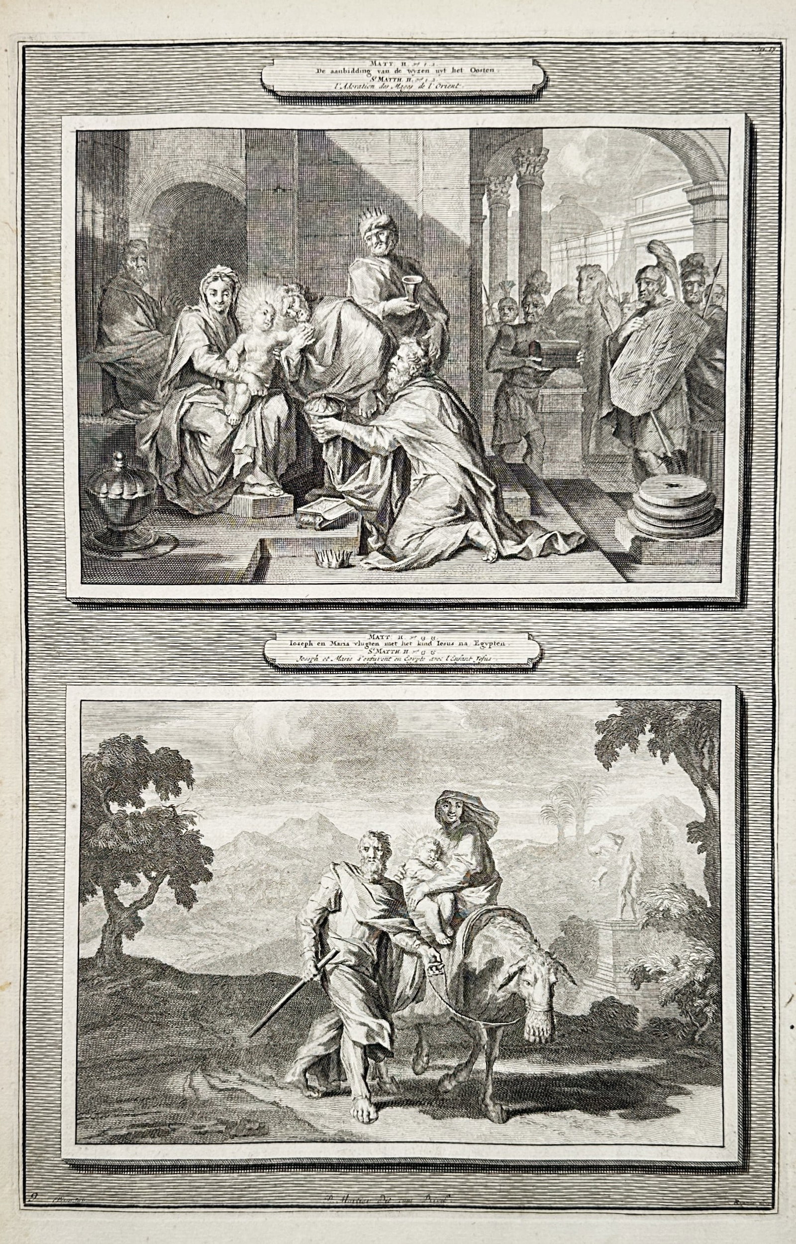 Otto Elliger (1674-1735) – Biblical scenes of the Adoration and Flight – Etching (1720): "Matth. II v. 11" and "Matth. II v. 13" are two etched illustrations on a single sheet, depicting the Adoration of the Magi and the Flight into Egypt. This work is from the series of biblical illustra