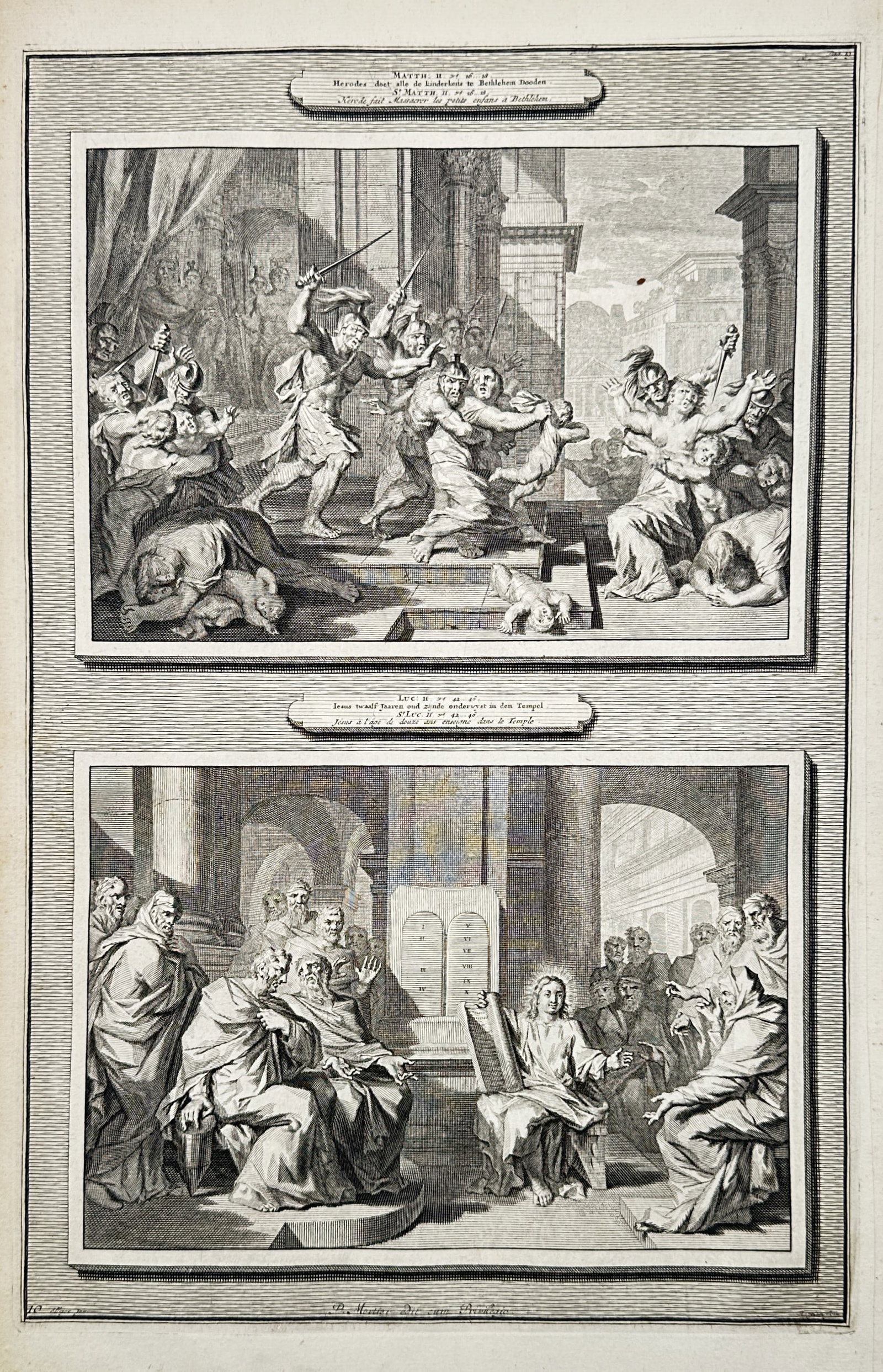 Otto Elliger (1674-1735) – Biblical scenes of the Massacre and the Temple – Etching (1720): "Matth. II v. 16" and "Luc. II v. 46" are two etched illustrations on a single sheet, depicting the Massacre of the Innocents and the young Jesus teaching among the doctors in the Temple. This work be