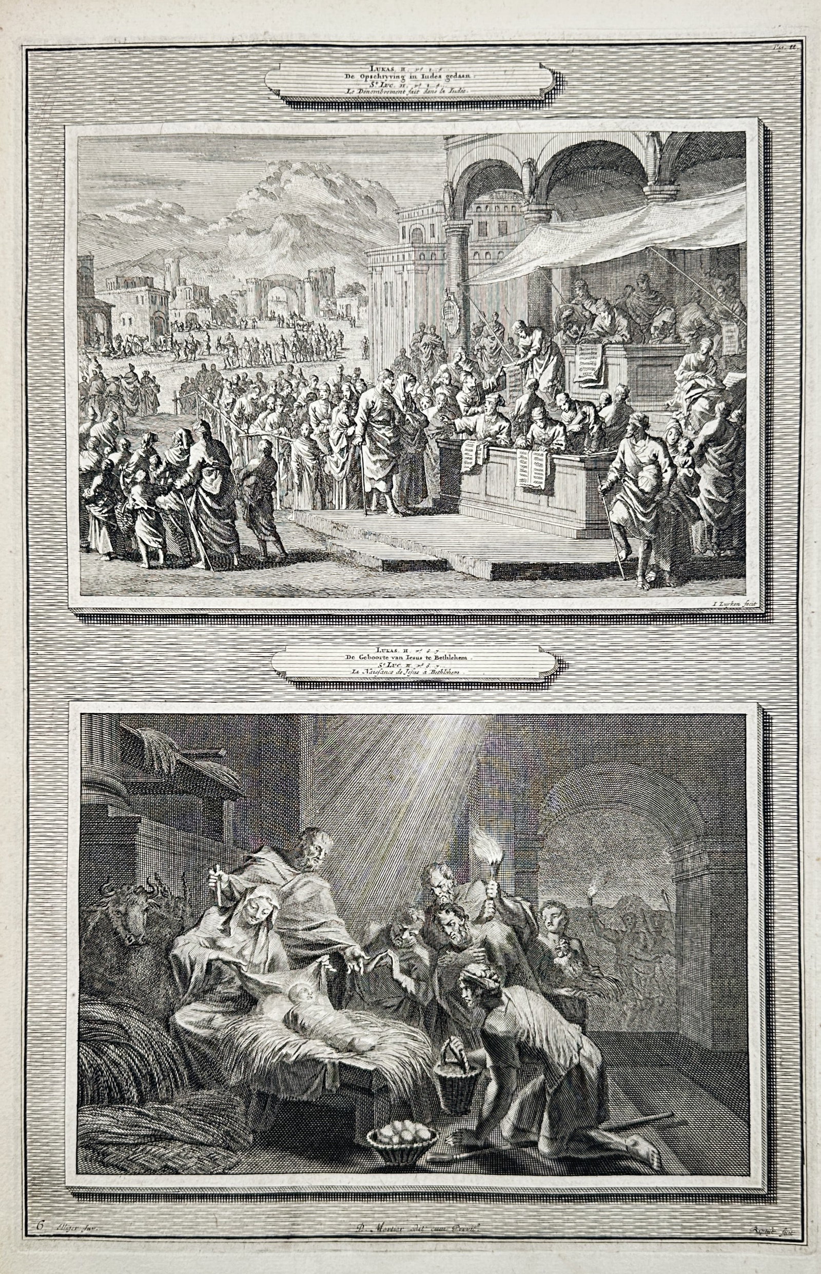 Otto Elliger (1674-1735) – Biblical scenes of the Census and the Nativity – Etching (1720): "Lucas II v. 1" and "Lucas II v. 7" are two etched illustrations on a single sheet, depicting the census at Bethlehem and the birth of Christ in the stable. This work is part of the series of biblical