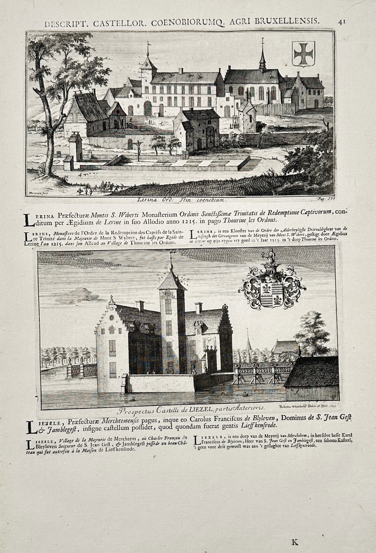 Antonius Sanderus (1586-1664) – Views of Lerina monastery and Liefel castle – Etching (1659): "Lerina vulgo Lier conobium" and "Prospectus Castelli de Liefel" are two topographical views on a single sheet, illustrating a monastic complex and a moated castle in the Brussels region. This etching