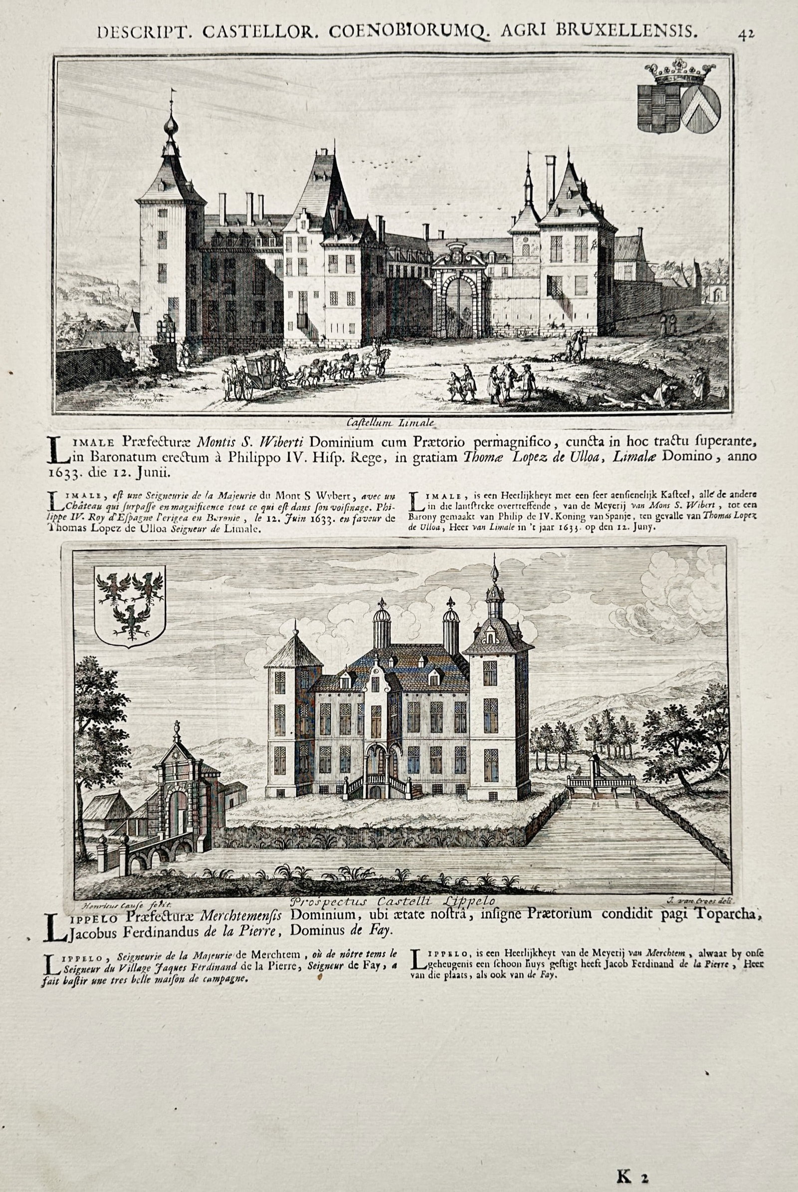Antonius Sanderus (1586-1664) – Views of Limale and Lippelo castles – Etching (1659) (1 of 2)