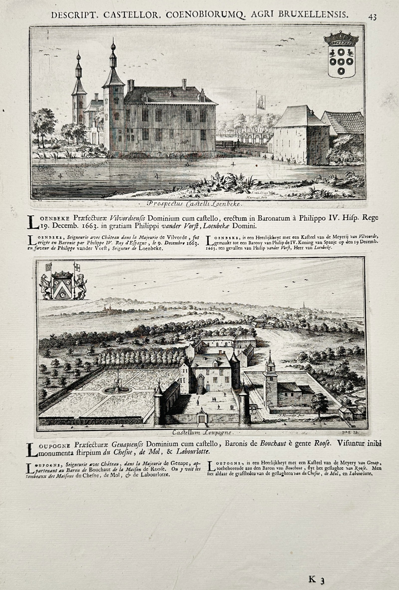 Antonius Sanderus (1586-1664) – Views of Loenbeke and Loupoigne castles – Etching (1659) (1 of 2)