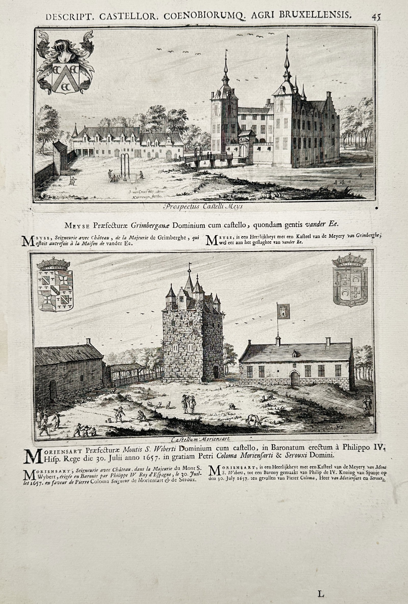 Antonius Sanderus (1586-1664) – Views of Meyse and Moriensart castles – Etching (1659) (1 of 2)