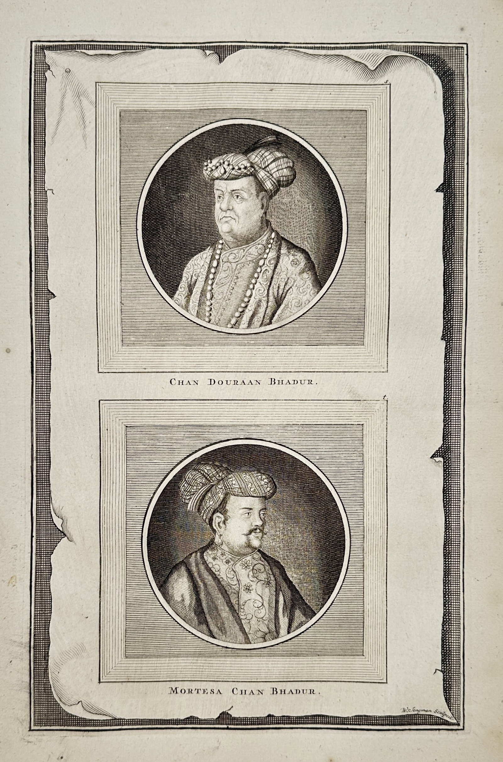 Francois Valentijn – Portraits of Chan Douraan Bhadur and Mortesa Chan Bhadur – Etching: "Chan Douraan Bhadur" and "Mortesa Chan Bhadur" presents two oval-framed portraits of prominent Mughal figures dressed in traditional courtly attire with turbans and jewelry, set against a trompe l'oe