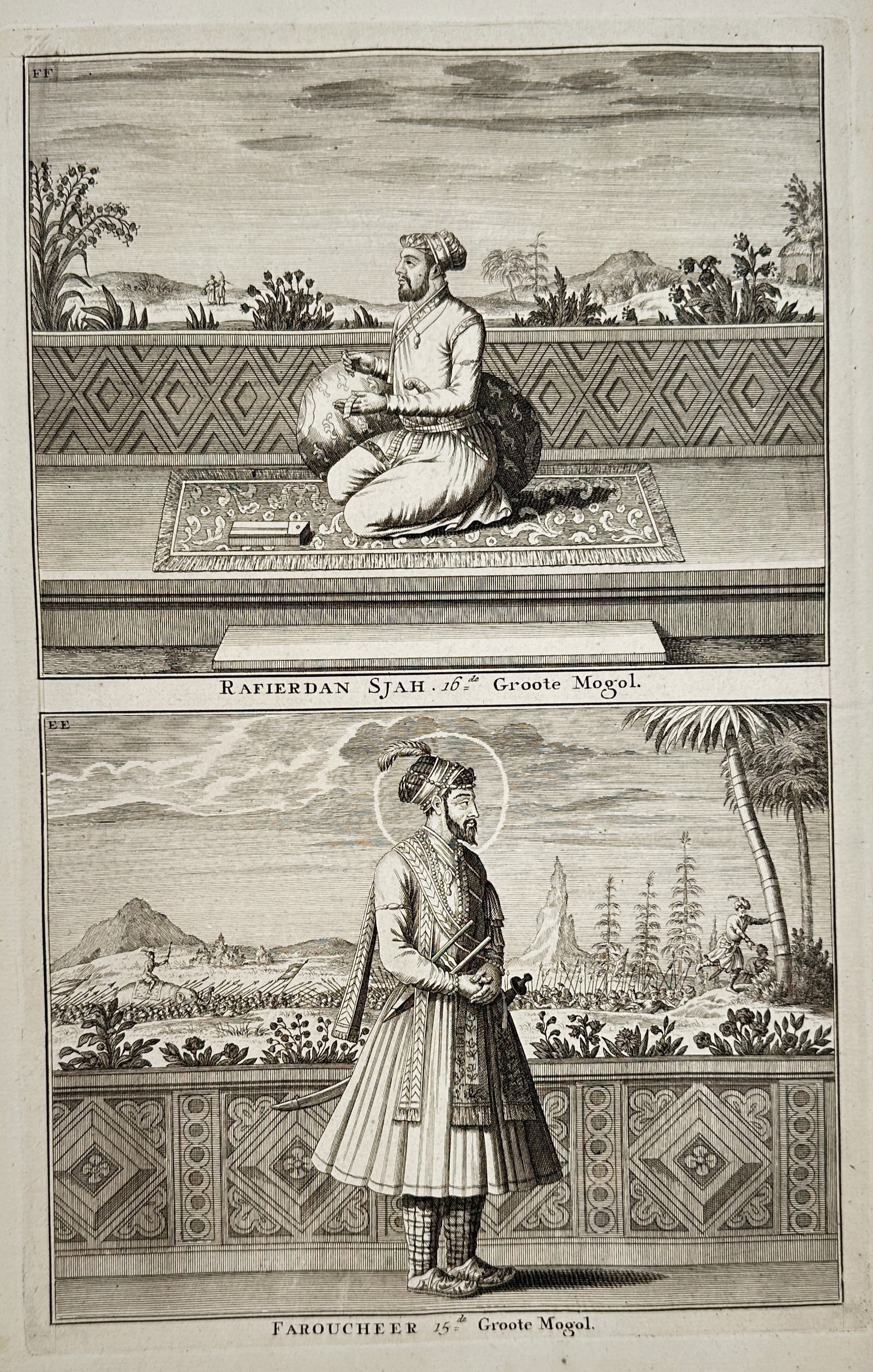 Francois Valentijn – Portraits of Rafierdan Sjah and Faroucheer Great Moguls – Etching: "Rafierdan Sjah" and "Faroucheer" depicts two Mughal emperors in courtly settings, with the upper scene showing a ruler kneeling on a prayer rug against a terrace wall and the lower scene featuring a 