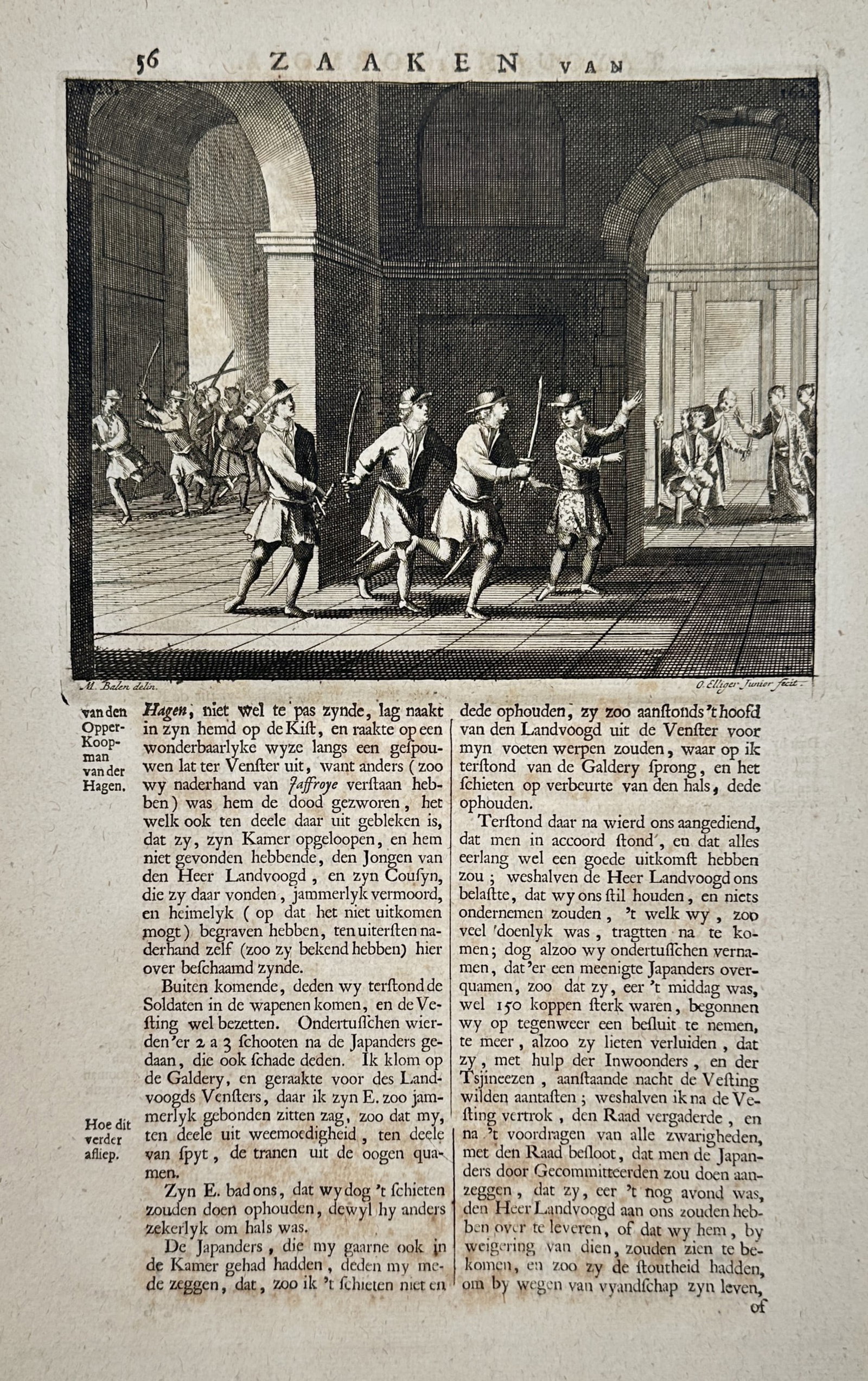 Francois Valentijn (1666-1727) – View of a Conflict in a Palace Interior – Etching (1724-1726): "Zaaken van" depicts a group of armed European soldiers with swords drawn moving through a vaulted palace gallery, while other figures appear in the background through an archway. This etching is from