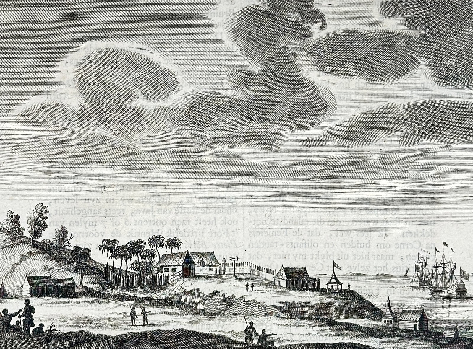 Francois Valentijn (1666-1727) – View of the Island of Mauritius – Etching (1724-1726): "Eyland Mauritius" provides a coastal view of a Dutch settlement on the island of Mauritius, featuring a small cluster of thatched buildings and a palisade under a dramatic sky, with sailing ships anc