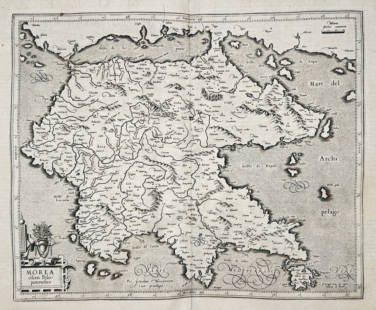 Gerard Mercator (1512-1594) – Map of Morea – Greece – Etching (1606-1630): "Morea olim Peloponnesus" presents a detailed geographical study of the Peloponnese peninsula in Greece, illustrating its rugged coastline, mountain ranges, and numerous settlements. This etching is f