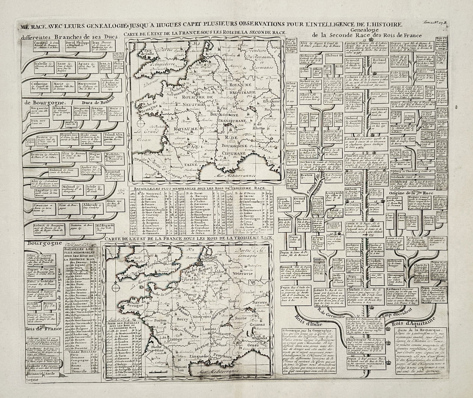 Henri Abraham Chatelain – Map of the Second and Third Dynasty of French Kings – Etching: "Carte de l'Etat de la France sous les Rois de la Seconde et Troisieme Race" presents an exhaustive historical and geographical study of the French monarchy, featuring two central maps of France under